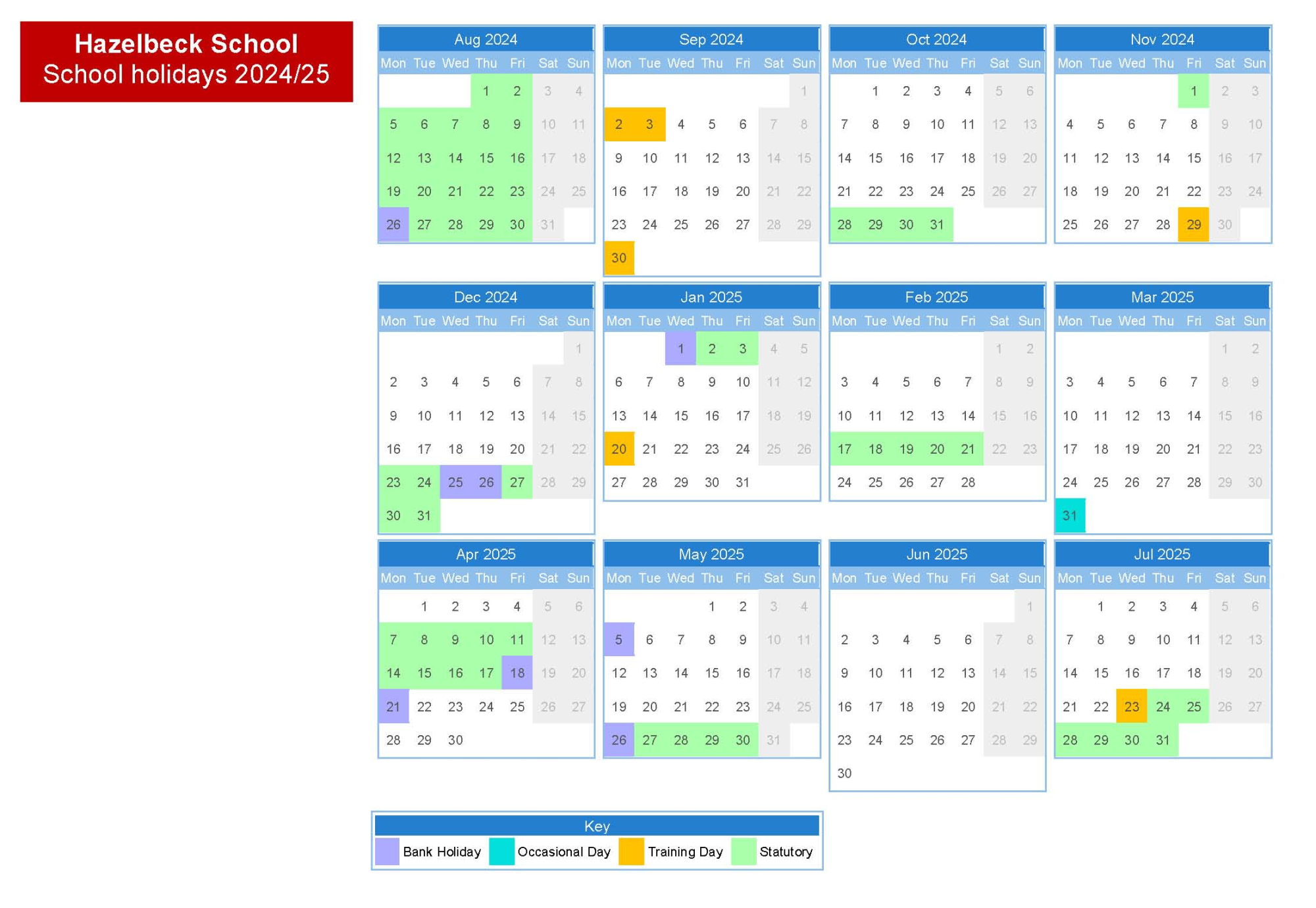 Hazelbeck School Holiday Dates